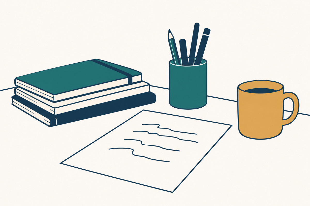 Illustration of a writer's desk with notebooks, a pencil cup, a page mid-draft, and a mug