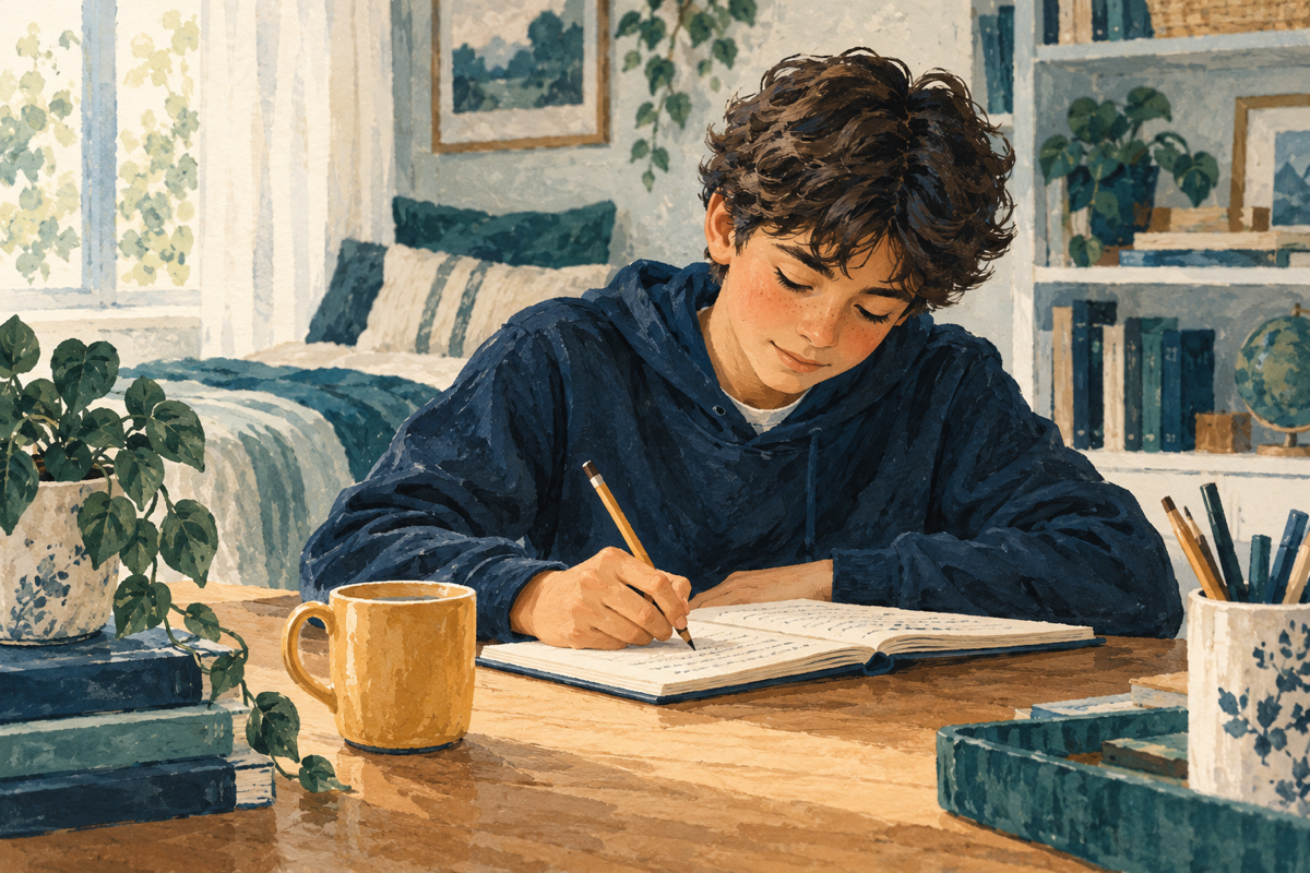 Illustration of a student writing calmly in a notebook at a home desk