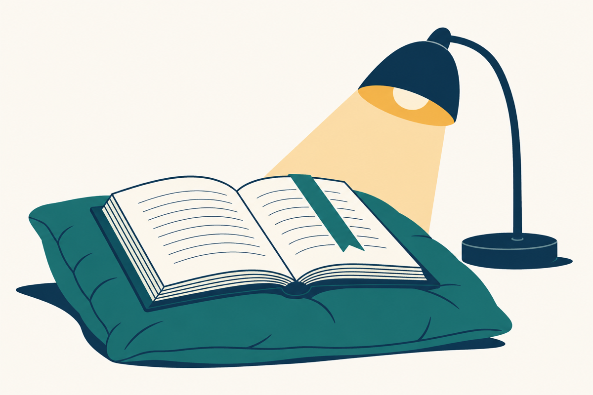 Illustration of an open book on a cushion beside a warm reading lamp